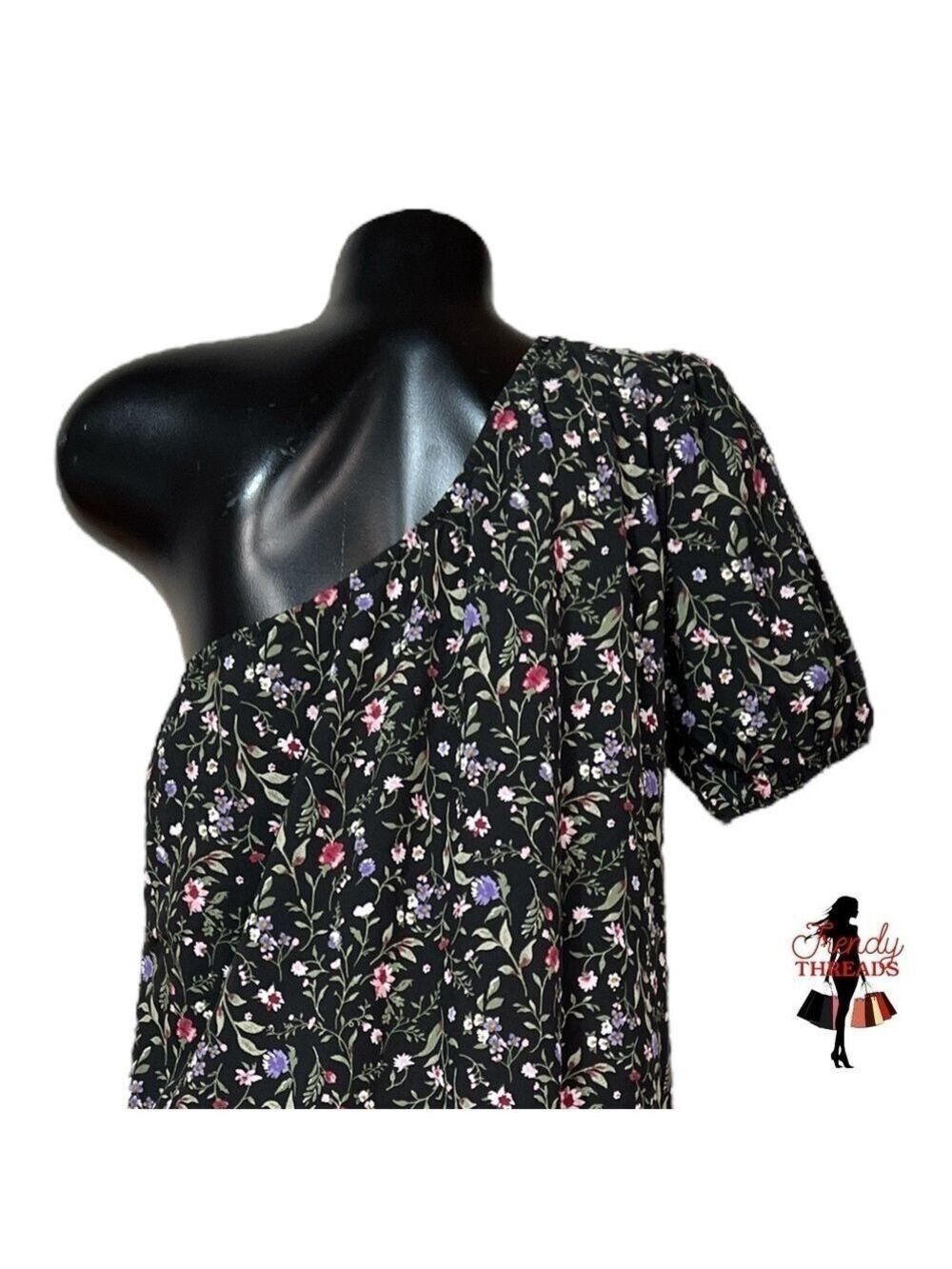 French Grey NEW One Shoulder Ruffle Dress Medium Large Dark Floral Black Boho - Picture 5 of 8